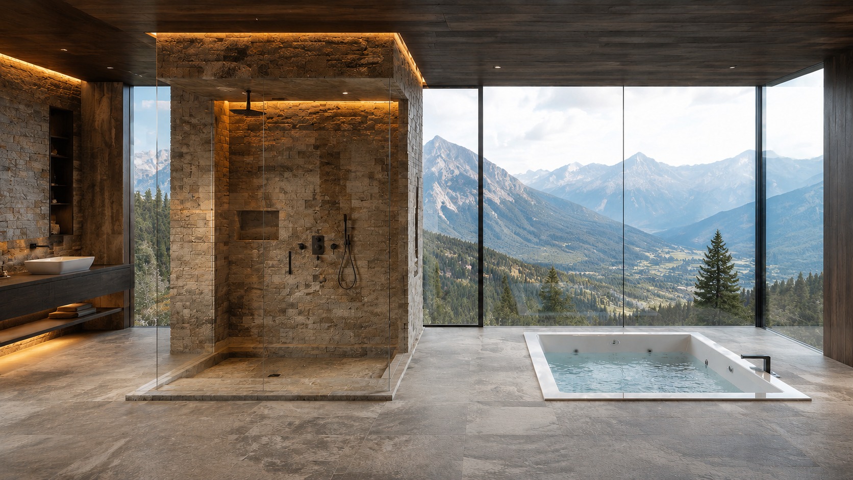 A warm stone bathroom with a glass shower, soaking tub and mountain view